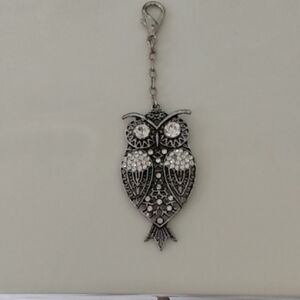 Silver and Rhinestone Owl Keychain Bag Charm Tag Purse Hang Fob